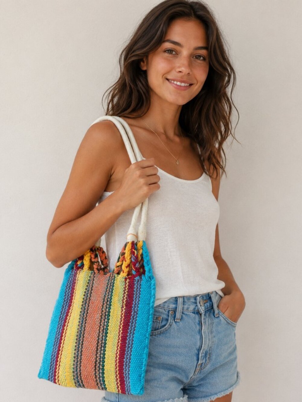 Handwoven Chiapas Loom Cotton Tote Bag Multicolor Festival Summer